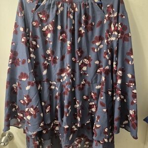 Lane Bryant Blue Floral High-Low Top with Burgundy and Cream Accents